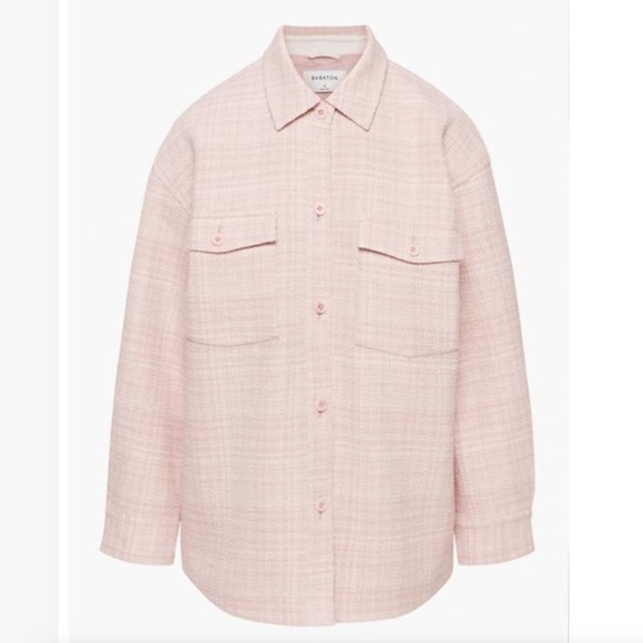 Aritzia  Babaton Joan Shacket Shirt Jacket Oversized Linen Tweed Pink Plaid 2 - Picture 1 of 16